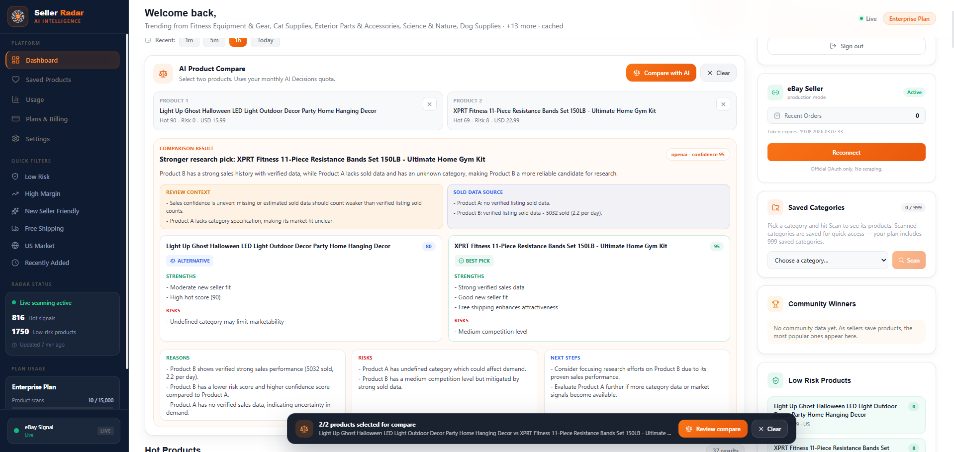 Seller Radar AI Product Compare view showing two product recommendations side by side