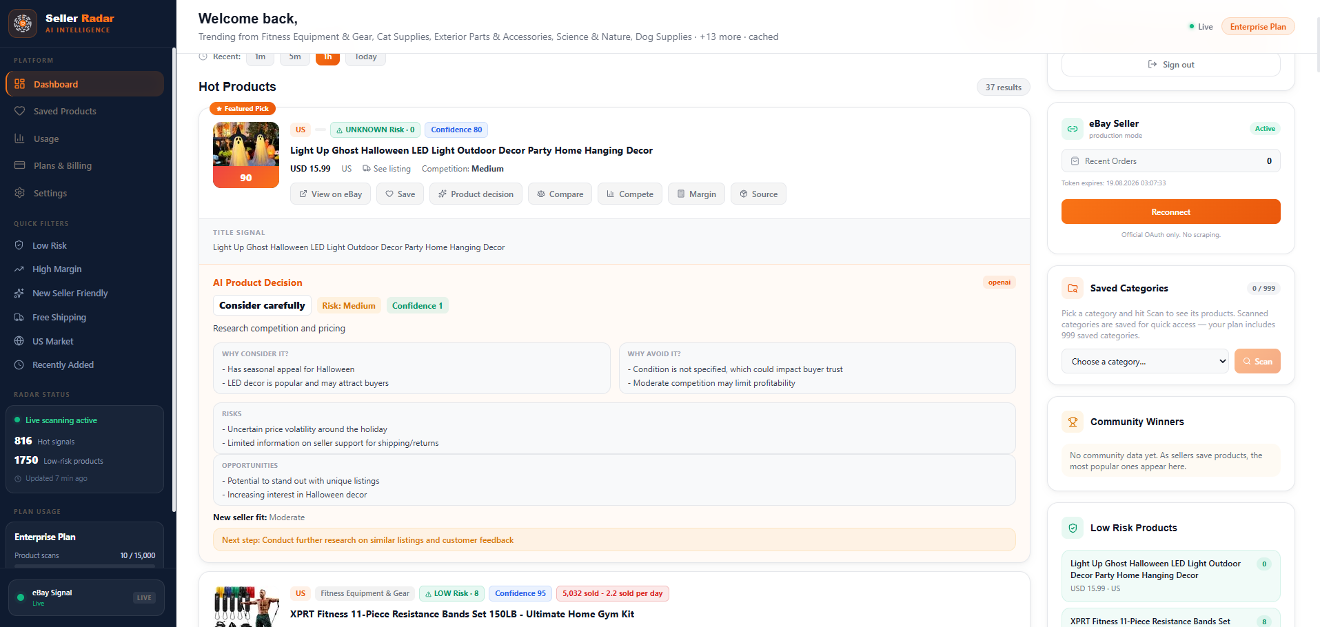 Seller Radar AI Product Decision panel with a clear recommendation and risks