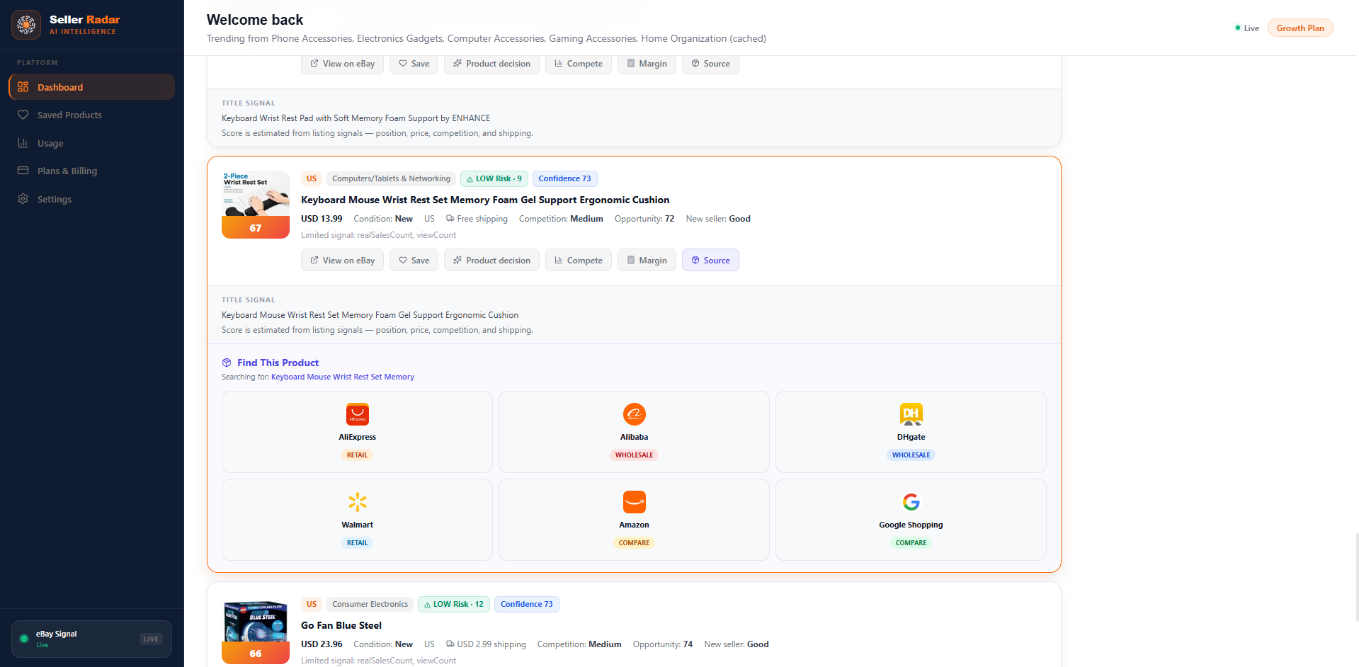 Find This Product panel searching AliExpress, Alibaba, DHgate, Walmart, Amazon and Google Shopping
